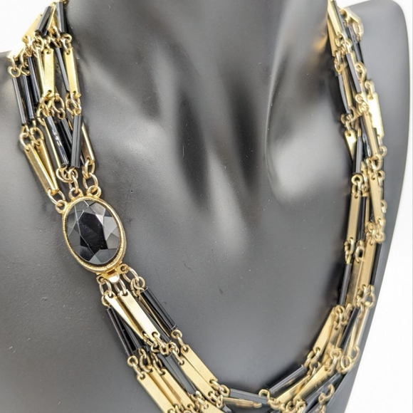 Vintage Black Glass Bugle Bead Multi Strand Gold Tone Chain Necklace 1970s - Picture 8 of 14